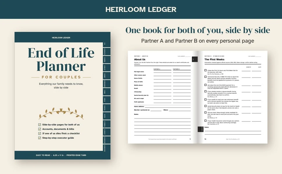 Cover and two open interior pages of End of Life Planner for Couples
