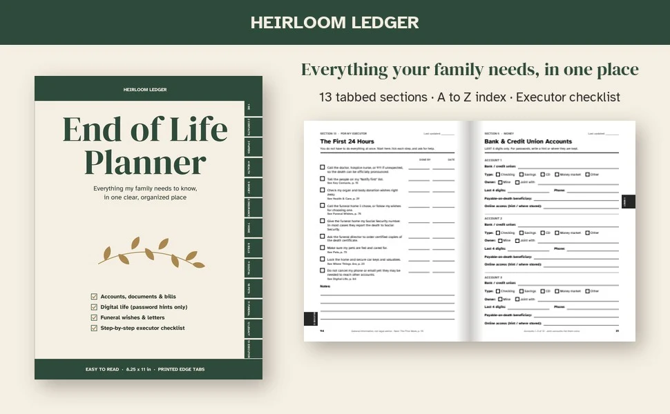 Cover and two open interior pages of End of Life Planner